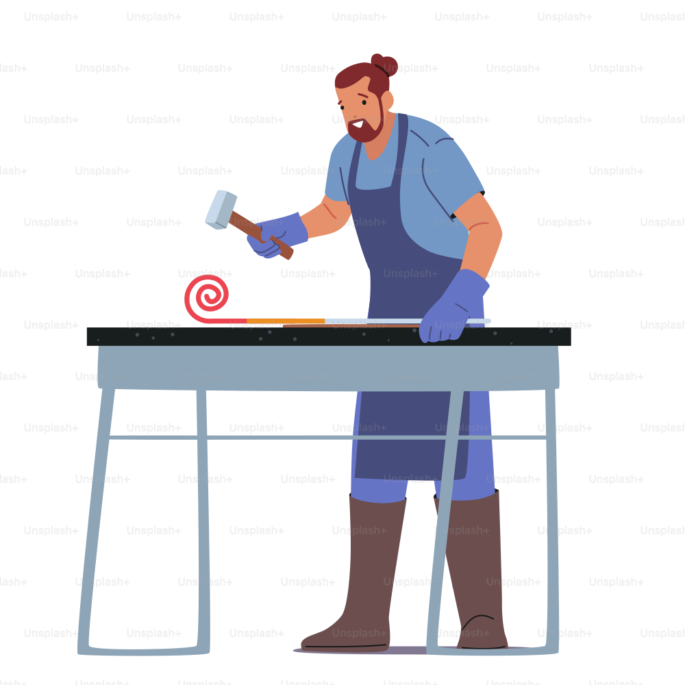 Blacksmith Male Character Hitting Iron Piece with Hammer. Man Wear Apron Work with Instruments. Professional Master Working with Metal Making Forgery Craftsmanship. Cartoon People Vector Illustration