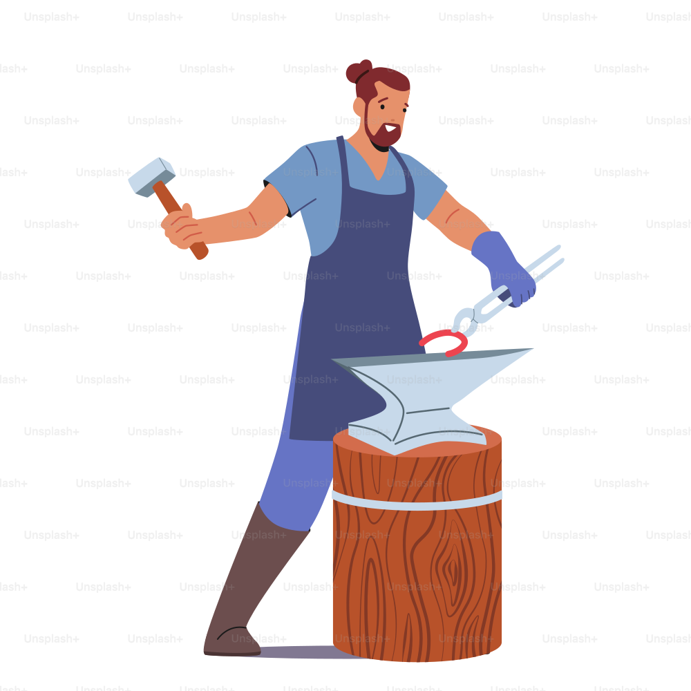 Blacksmith Male Character Making Horseshoe with Instruments on Anvil. Craftsman Wear Apron, Professional Master Work with Metal or Iron Making Forgery Craftsmanship. Cartoon People Vector Illustration