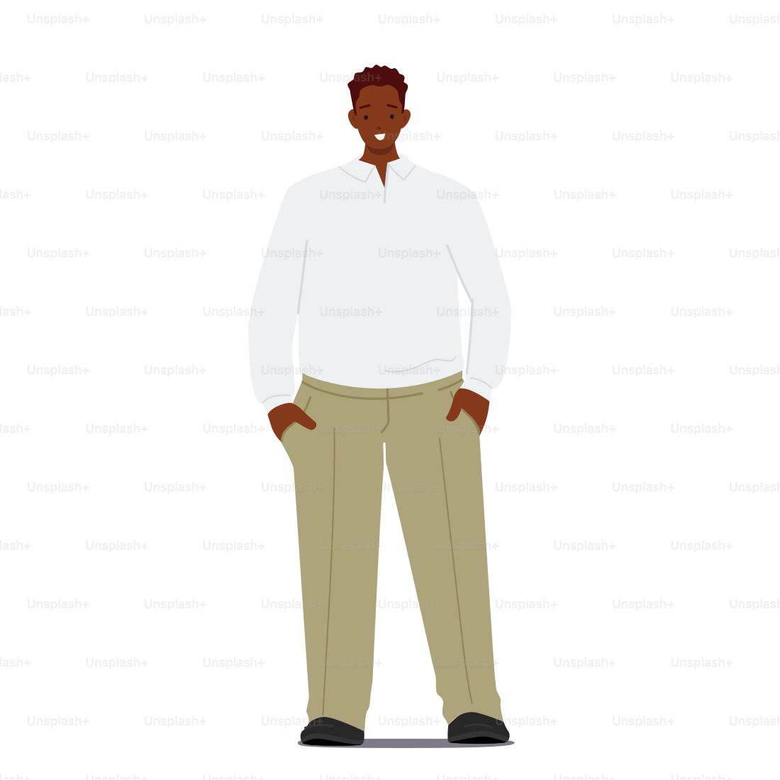 Joven hombre de negocios de moda africana positiva, personaje masculino soltero con camisa blanca y pantalones verdes aislados sobre fondo blanco. Persona con ropa moderna. Ilustración vectorial de Cartoon People