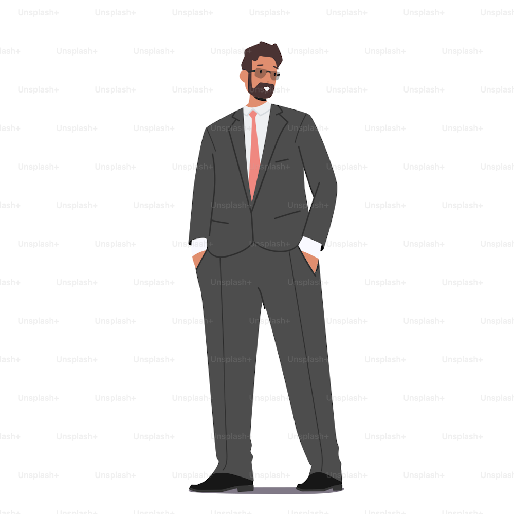 Personaje masculino en traje formal, hombre de negocios vestido con blazer gris y pantalones aislados sobre fondo blanco. Persona soltera madura con barba y ropa moderna. Ilustración vectorial de Cartoon People