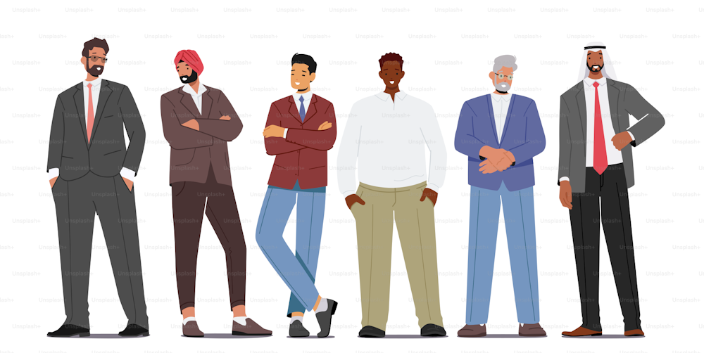 Diverse Business Men Stand in Row. Confident Male Character Caucasian, African, Indian or Pakistan, Asian Ethnicity Wear Formal Clothes Isolated on White Background. Cartoon People Vector Illustration