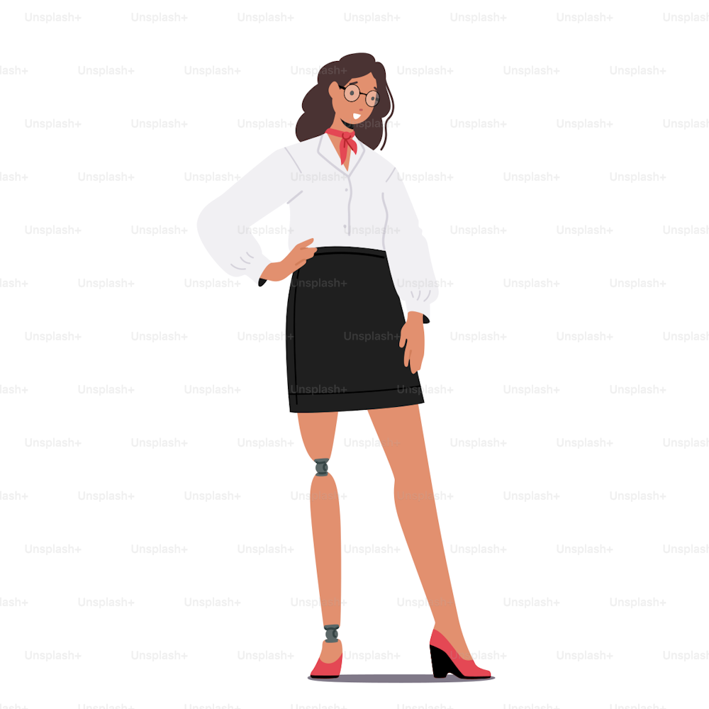 Young Handicapped Businesswoman with Leg Prosthesis. Female Character in Formal Wear Elegant Blouse and Black Skirt, Manager, Secretary Isolated on White Background. Cartoon People Vector Illustration
