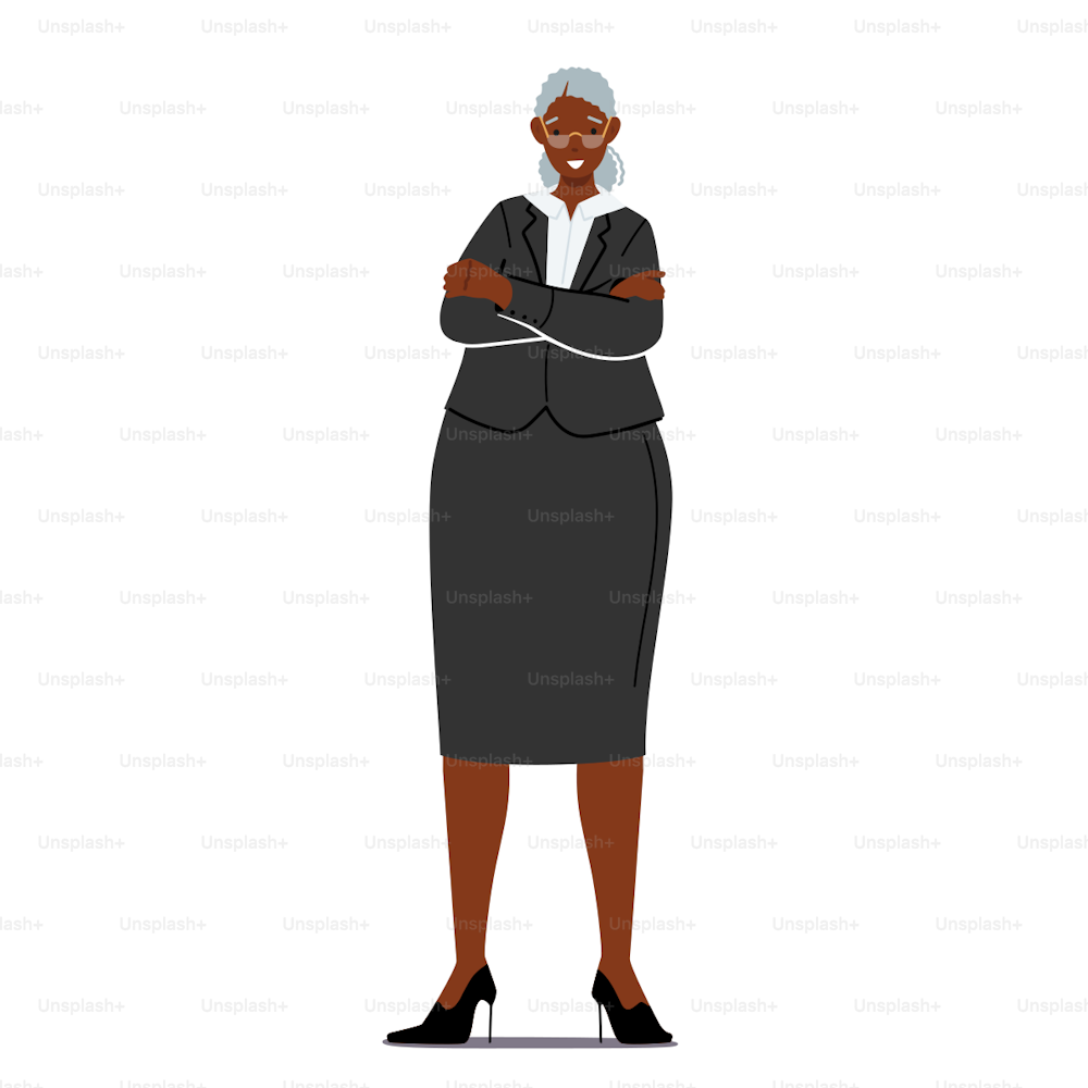 아프리카의 고위 사업가들은 정장을 입고, 자신감 넘치는 나이든 여성은 하얀 배경에 고립되어 있다. 팔짱을 끼고 있는 노인 매니저 또는 코치 캐릭터. 만화 사람들 벡터 일러스트레이션