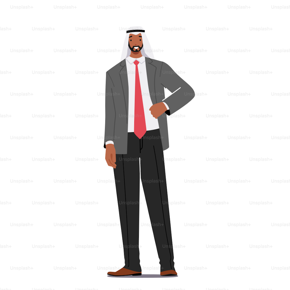 Homem de negócios árabe em trajes de cabeça tradicionais e roupas formais. Cultura Muçulmana e Conceito de Moda Árabe. Personagem masculino saudita isolado no fundo branco. Ilustração vetorial de pessoas dos desenhos animados