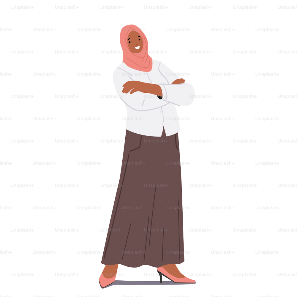 Femme d’affaires arabe aux bras croisés. Personnage féminin arabe vêtu d’un hijab national traditionnel et d’une jupe longue avec chemisier isolé sur fond blanc. Illustration vectorielle de personnes de dessins animés