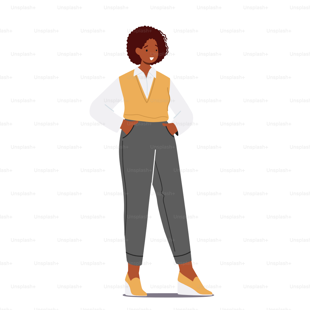 African Business Woman Character Wear Formal Costume Shirt, Knit Vest and Grey Tight Pants Isolated on White Background. Confident Manager, Coach or Teacher Person. Cartoon People Vector Illustration