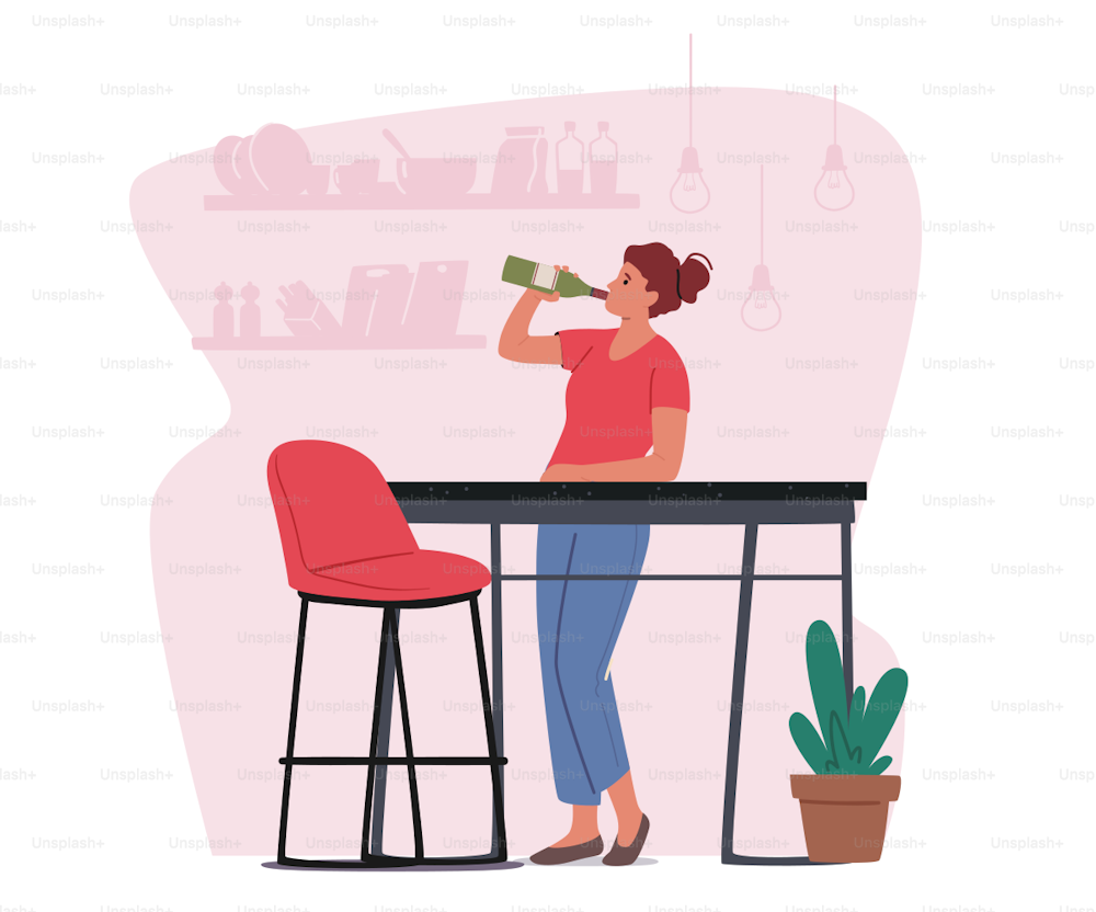 Female Character Pour Alco Drink into Mouth. Woman Stand at Kitchen Desk Drinking Wine from Bottle, Celebrate Holiday at Home. Depression, Alcoholism Addiction. Cartoon People Vector Illustration
