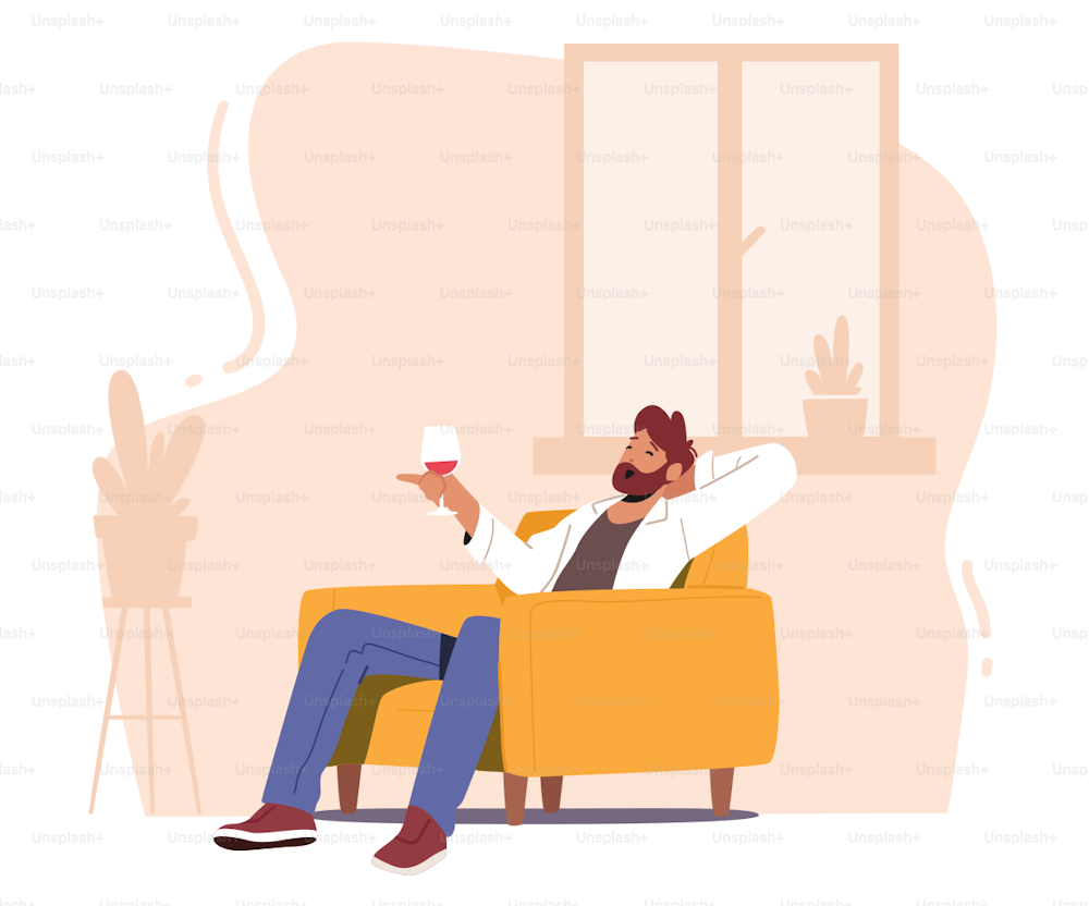 Personaje masculino maduro sentado en el sillón sosteniendo copa de vino en la mano relajándose y disfrutando bebiendo vino. La persona celebra las fiestas, el hombre bebe alcohol en casa, la adicción. Ilustración vectorial de Cartoon People