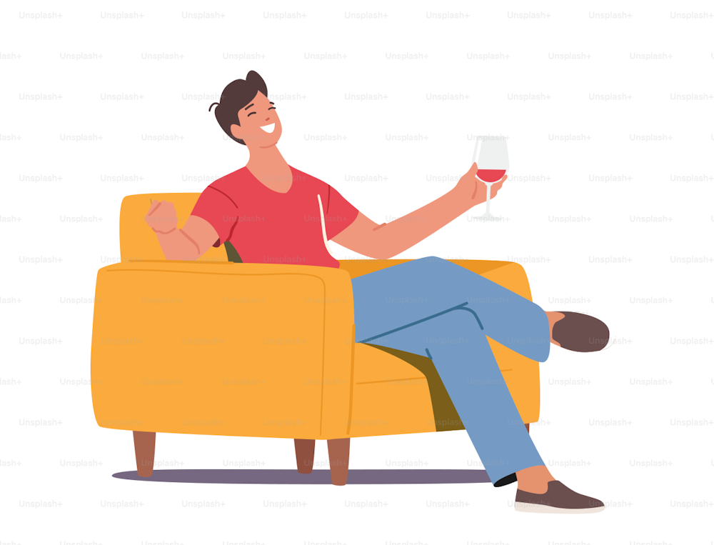 L’homme boit de l’alcool à la maison ou au bar, le personnage masculin joyeux est assis sur un fauteuil tenant un verre de vin à la main isolé sur fond blanc. personne célébrer des vacances ou faire la fête. Illustration vectorielle de personnes de dessins animés