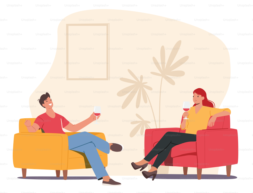 Happy Young Couple Male and Female Characters Sitting at Armchairs in Room Holding Wineglasses in Hands. Man and Woman Dating, Celebrate Holidays, Drink Alcohol at Home. Cartoon Vector Illustration
