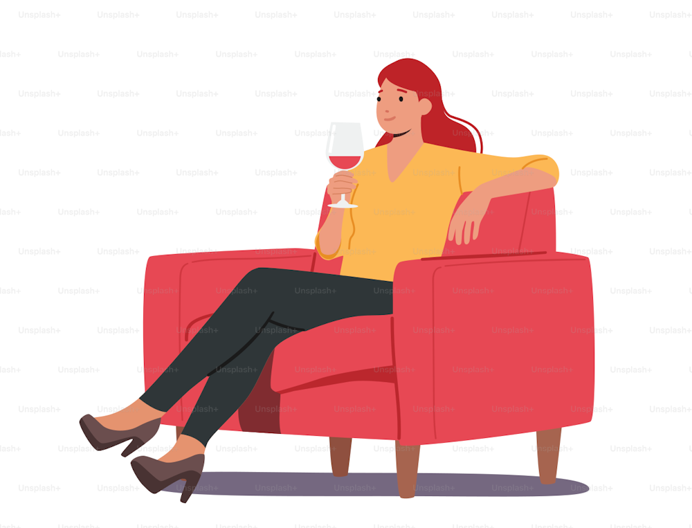 Young Cheerful Woman Drink Alcohol at Home or Bar. Female Character Sit on Armchair Holding Wineglass in Hand Isolated on White Background. Girl Celebrate Holidays. Cartoon People Vector Illustration