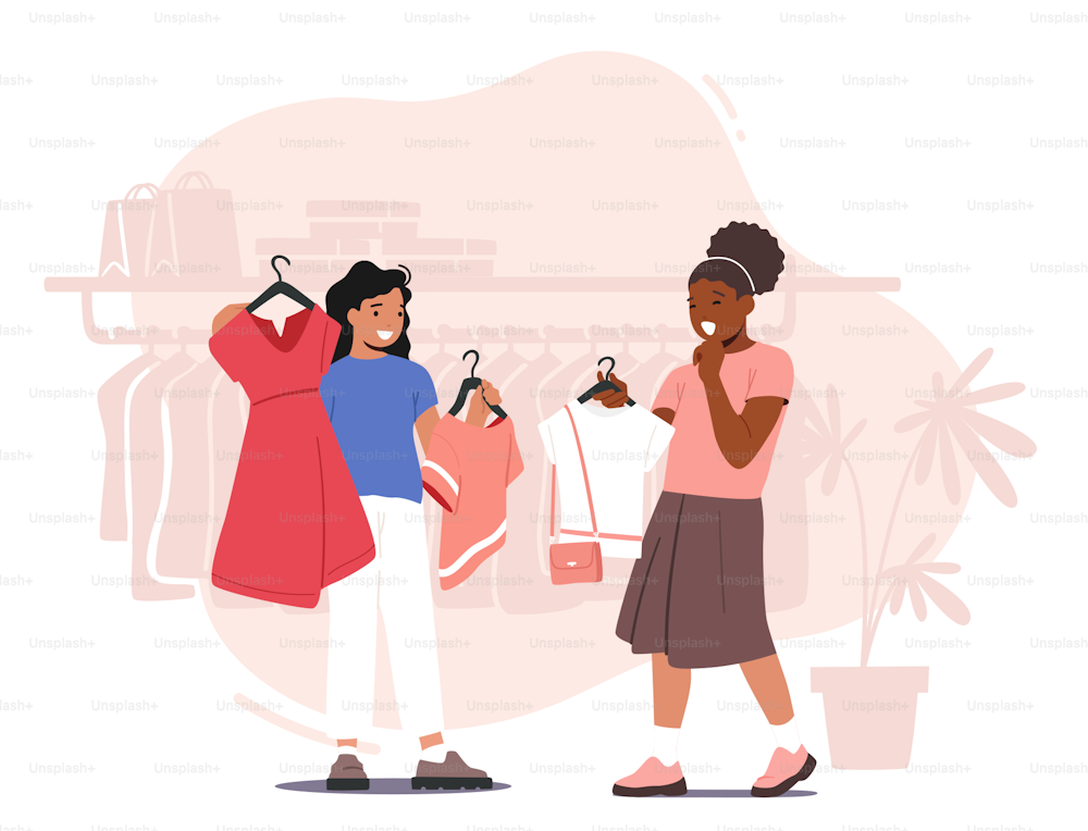 Little Girl Friends Choosing, Changing and Fitting Clothes in Boutique. Kids Fashion, New Dress Collection, Female Child Characters Shopping, Choose Apparel Store. Cartoon People Vector Illustration