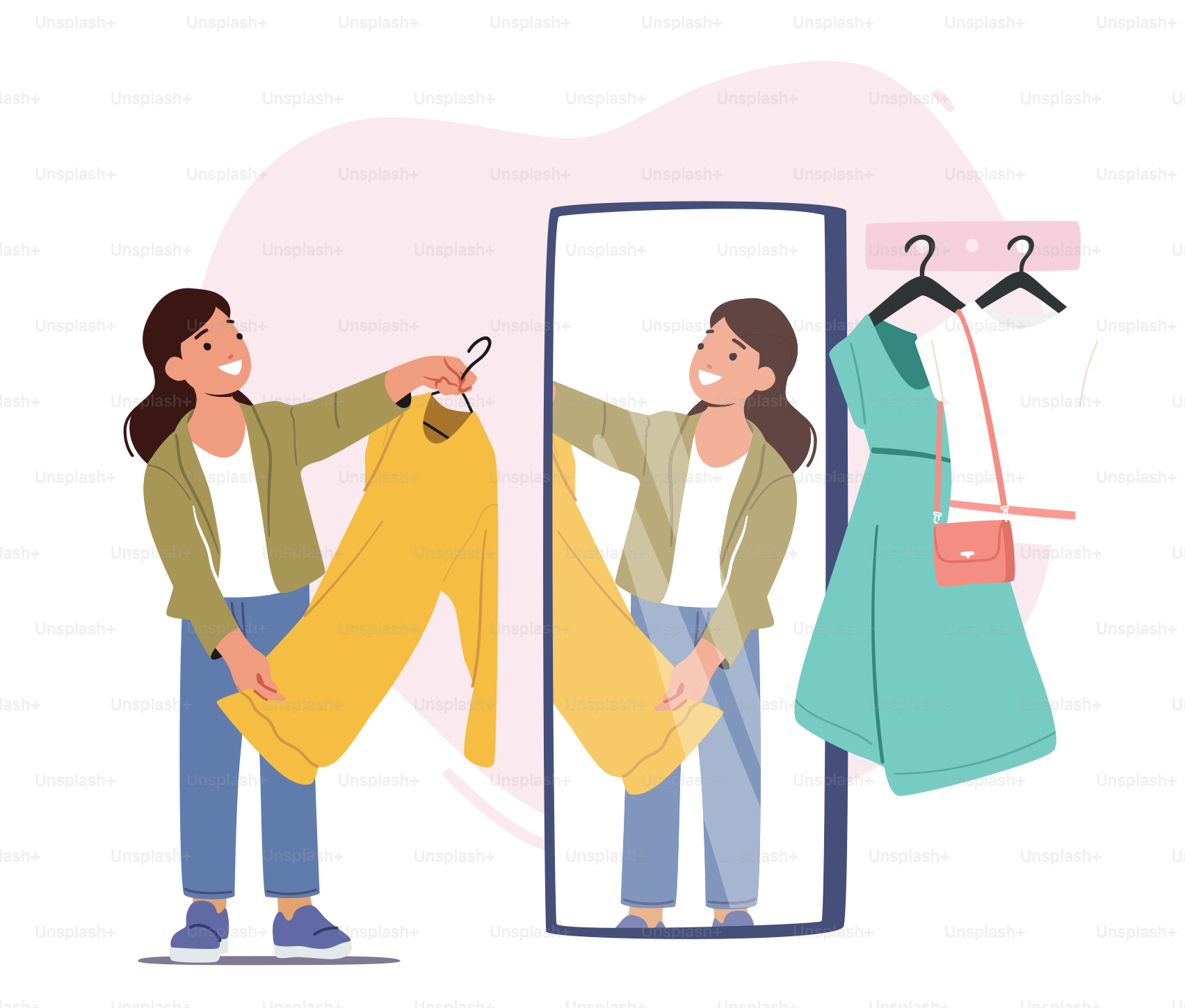 Little Girl Stand front of Mirror in Fitting Room at Apparel Store Changing  and Fitting Clothes and Dresses. Female Child Character Choose Apparel and  Garment. Cartoon People Vector Illustration vector – Fashion, image size:3000x2552