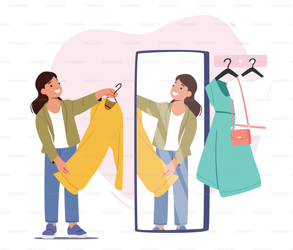 Kleines Mädchen steht vor dem Spiegel in der Umkleidekabine des Bekleidungsgeschäfts und wechselt und passt Kleidung und Kleider an. Weibliche Kinderfigur wählen Kleidung und Kleidungsstück. Cartoon Menschen Vektor Illustration