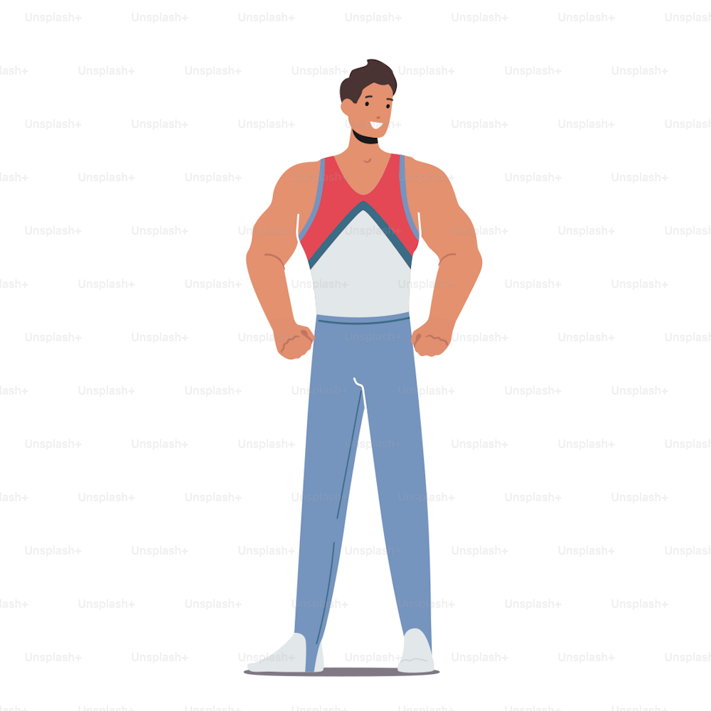 Athlete Male Character Posing in Uniform. Muscular Sportsman Weightlifter Isolated on White Background. Weightlifting, Powerlifting or Bodybuilding Competition. Cartoon People Vector Illustration