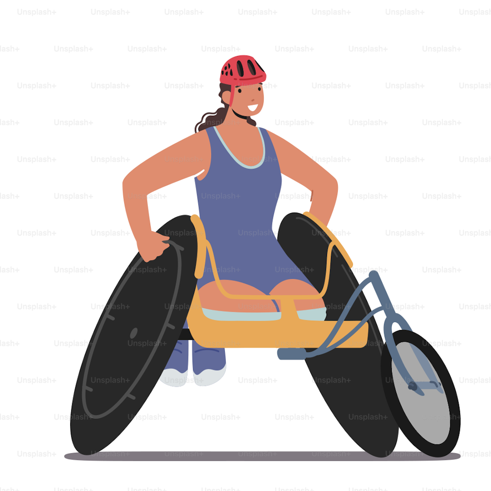 Young Amputee Woman with Body Injuries Take Part in Sports Competition. Paralympic Athlete Sitting on Racing Wheelchair, Disabled Sportswoman Character Wear Uniform. Cartoon People Vector Illustration