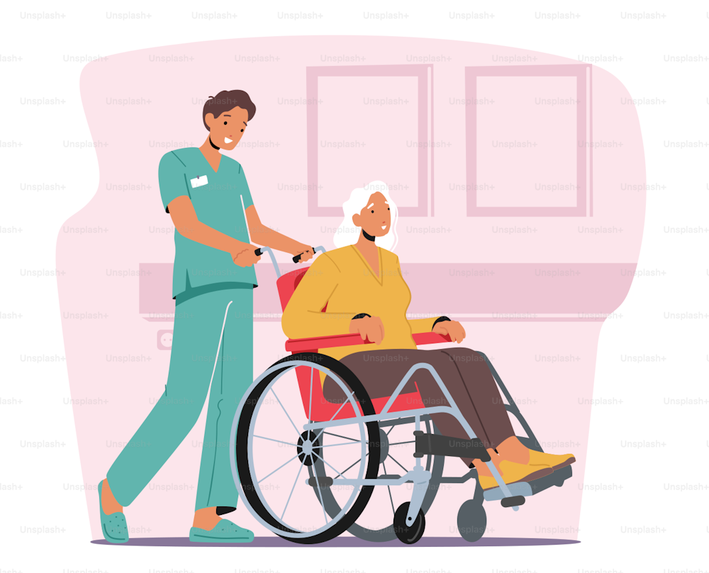 Young Nurse Social Worker Care of Sick Senior Woman Sit on Wheelchair, Medic Help Old Disabled People in Nursing Home or Clinic. Skilled Healthcare Medical Aid. Character Cartoon Vector Illustration
