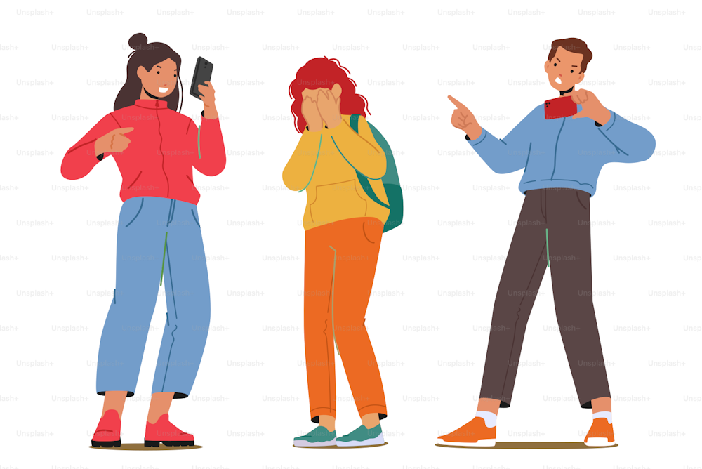 Teenagers Characters Bullying Girl, Laughing and Pointing on her, Record Video on Smartphone. Teens Abuse, Schoolgirl Suffer of Children Violence in School. Cartoon People Vector Illustration