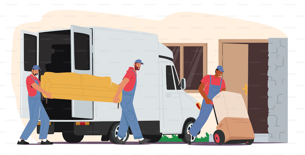 Relocation and Moving into New House Concept. Worker Characters Push Trolley with Cardboard Boxes and Carry Sofa Unloading Cargo Truck. Delivery Company Loader Service. Cartoon Vector Illustration