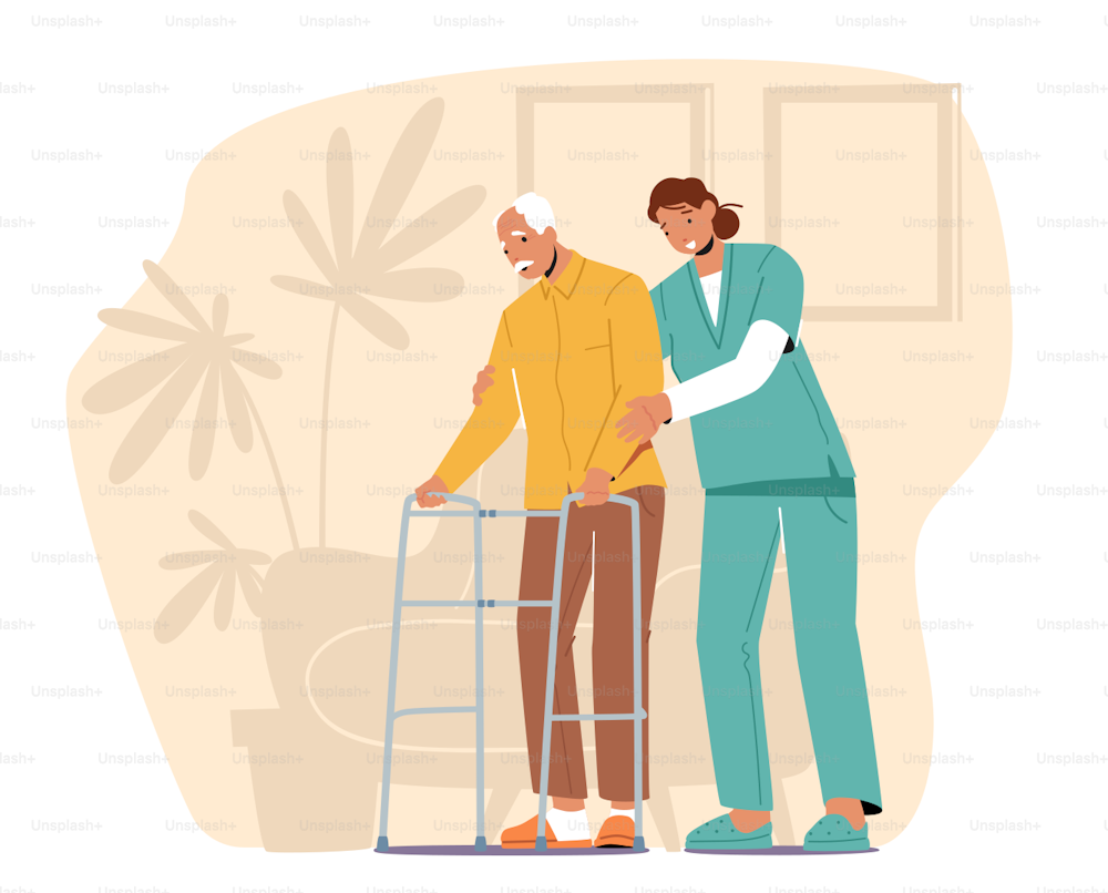 Old People Health Care, Medical Aid Concept. Volunteer or Medic Help to Aged Man with Walking Frame at Nursing House or Hospital. Social Worker Care of Sick Senior. Cartoon People Vector Illustration