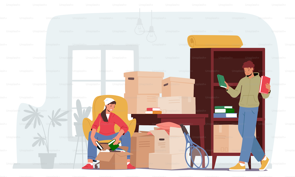 Young Couple Characters Moving into New Home, Man and Woman Unpacking Cardboard Boxes with Books. Loving Pair Relocation and Move to New House Concept. Cartoon People Vector Illustration