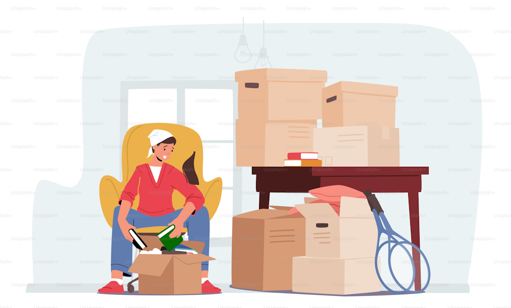 Young Female Character Moving into New Home, Woman Unpacking or Packing Cardboard Boxes with Books and Stuff. Relocation and Move to New House Concept. Cartoon People Vector Illustration