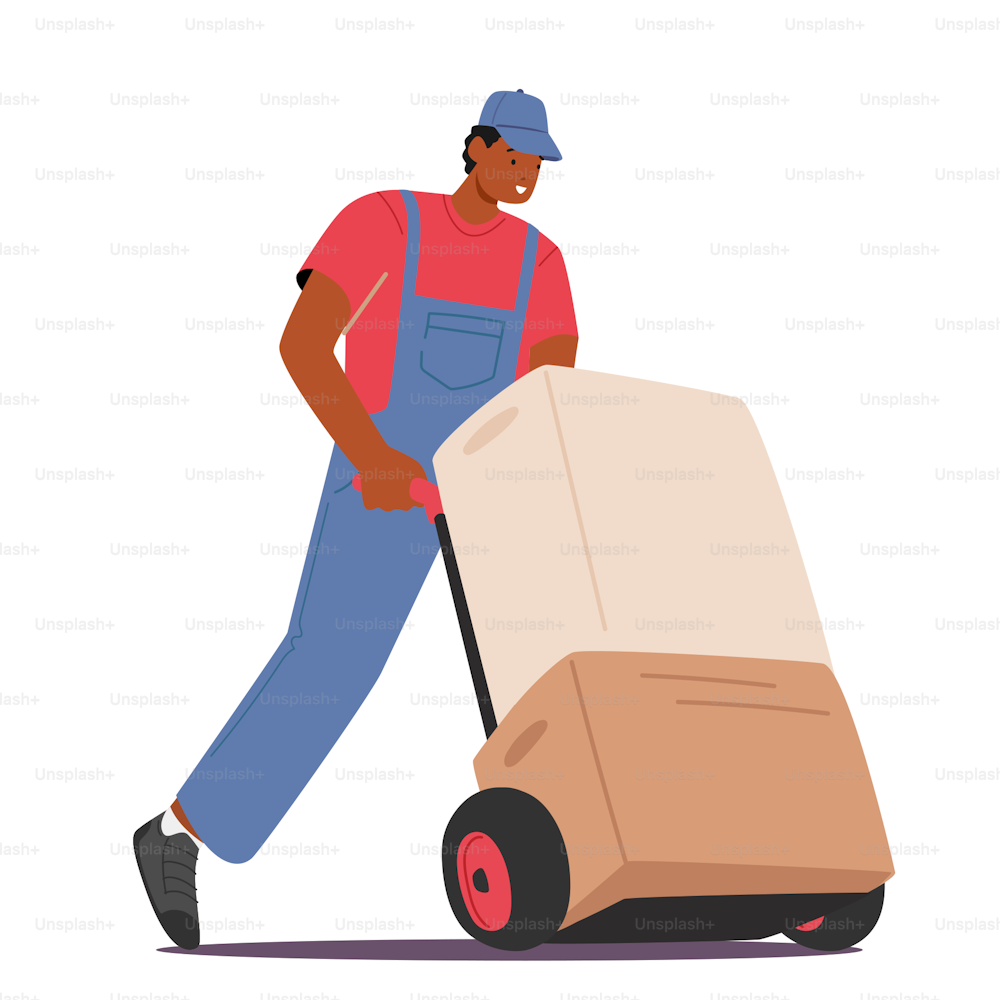 Worker in Uniform Driving Hand Truck with Stack of Carton Boxes Isolated on White Background. Cargo Transportation Storage Logistic Concept. Export Import Merchandise. Cartoon Vector Illustration