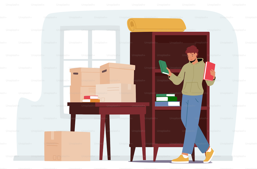 Relocation and Move to New House Concept. Young Male Character Moving into New Home, Man Unpacking or Packing Cardboard Boxes with Books and Stuff for Moving. Cartoon People Vector Illustration