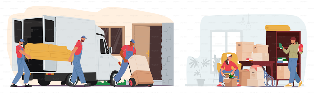Set Relocation and Moving to New House Concept. Workers Wearing Uniform Carry Boxes and Furniture. Professional Delivery Company Loader Service, People Packing Things. Cartoon Vector Illustration