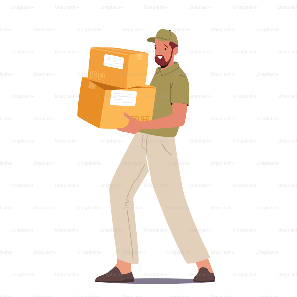 Courier Male Character Wear Uniform and Cap Carry Carton Boxes Isolated on White Background. Delivery Man with Parcels Hurry Up to Client, Express Delivery Service. Cartoon People Vector Illustration