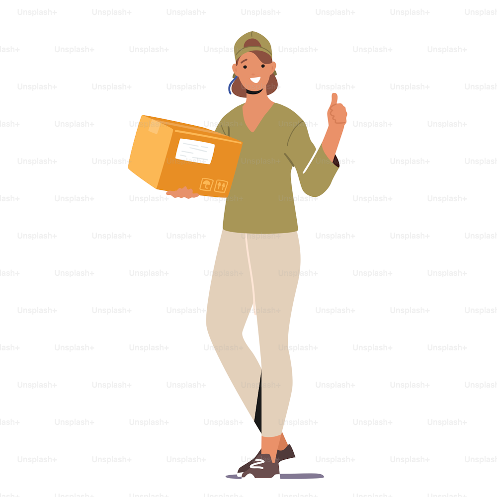 Young Cheerful Courier Female Character Wear Uniform Carry Carton Box to Customer. Delivery Service Girl with Parcel Hurry to Client Isolated on White Background. Cartoon People Vector Illustration