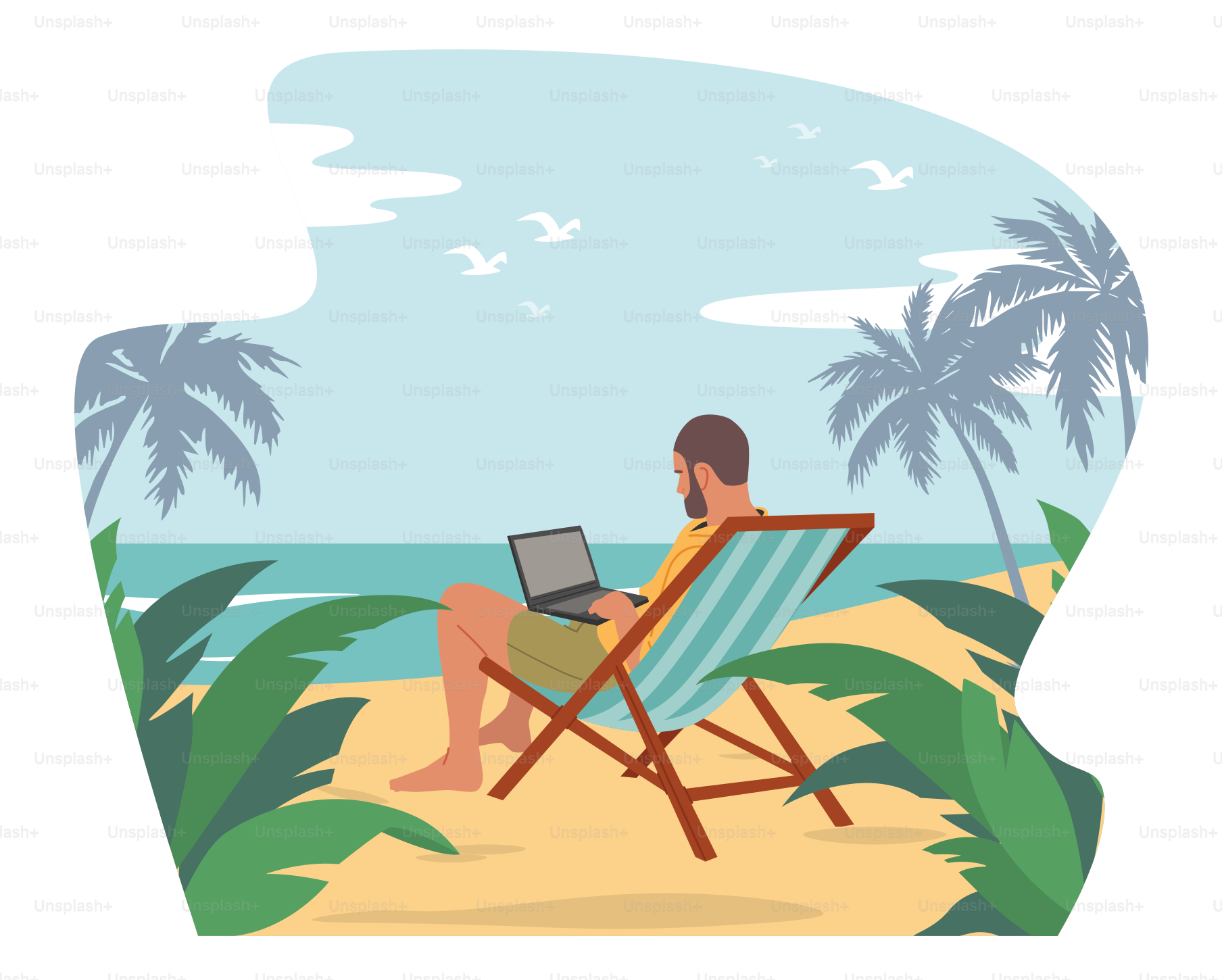 Relaxed Businessman Freelancer in Summer Wear Sitting on Daybed on Exotic Tropical Beach with Palm Trees Working on Laptop. Distant Outsourced Employee, Vacation. Cartoon People Vector Illustration