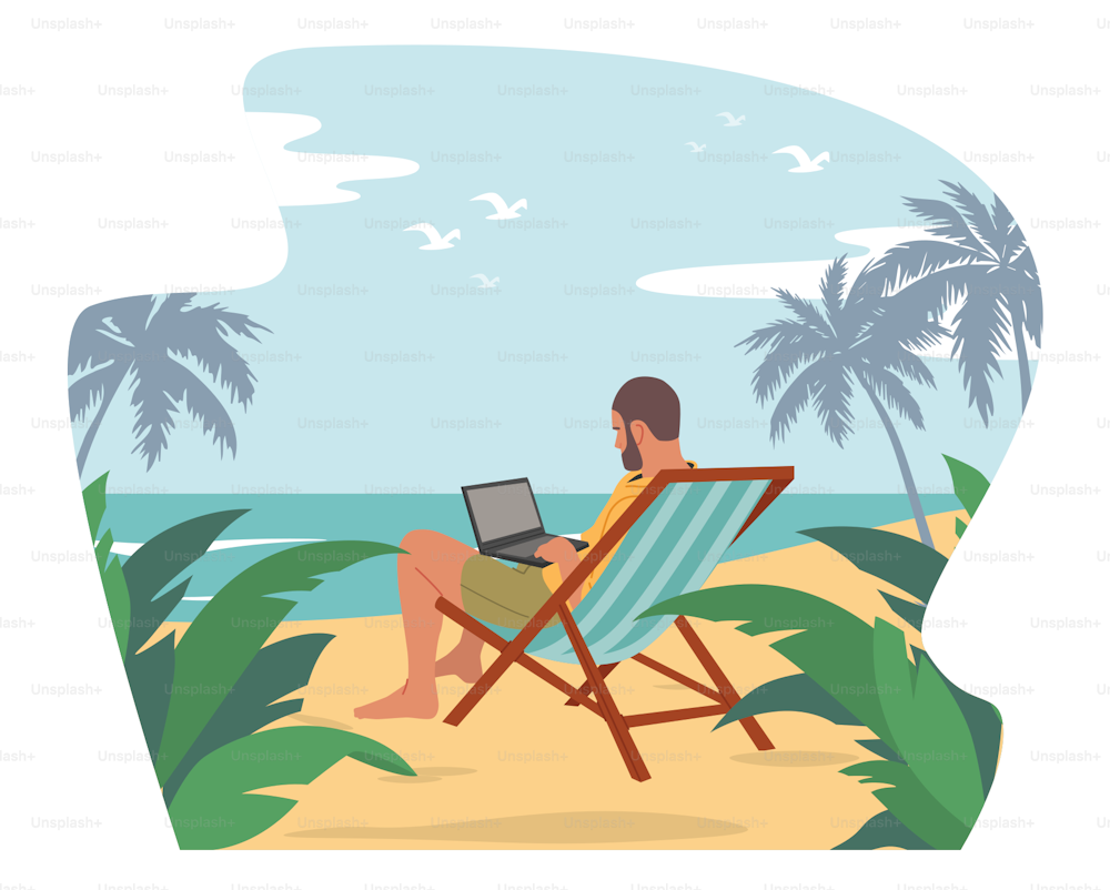 Relajado hombre de negocios autónomo en ropa de verano sentado en el sofá cama en la exótica playa tropical con palmeras trabajando en una computadora portátil. Empleado subcontratado distante, vacaciones. Ilustración vectorial de Cartoon People