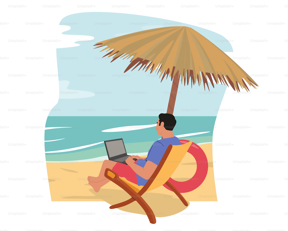 Freelancer or Distant Employee Work on Summer Vacation. Businessman Character in Summer Sit on Daybed under Straw Umbrella on Exotic Tropical Beach Working on Laptop. Cartoon Vector Illustration