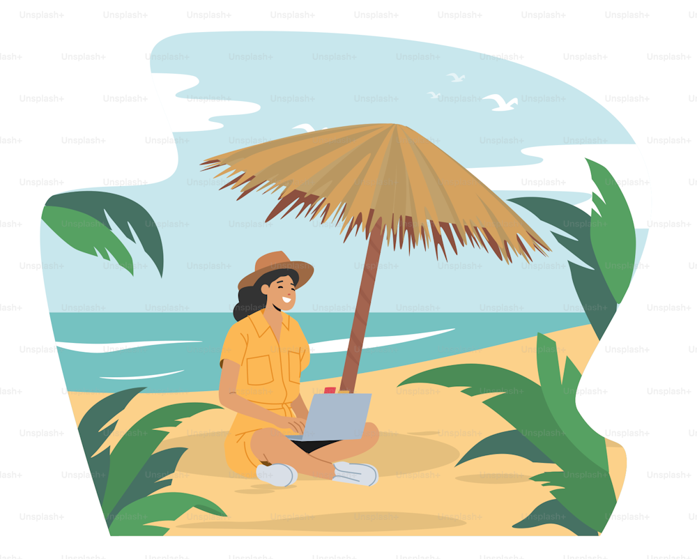 Junge Geschäftsfrau Freelancer Charakter sitzen am Strand unter Strohschirm arbeiten am Laptop und genießen tropische Insel oder Resort Meereslandschaft mit Palmen und Meereswellen. Cartoon Menschen Vektor Illustration
