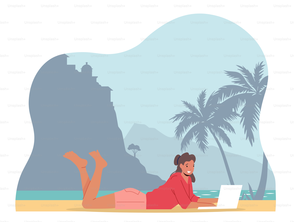 Jovem empresária Personagem freelancer deitada na praia Leia informações no laptop e desfrutando ao ar livre na ilha tropical ou resort com palmeiras e paisagem marítima do oceano. Ilustração vetorial de pessoas dos desenhos animados