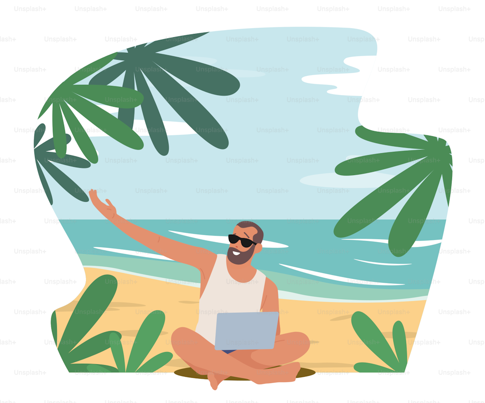 フリーランサーまたは遠くの従業員がビーチ、自由のコンセプトで働く。エキゾチックな熱帯の海辺にノートパソコンを持って座って遠くに働く夏服を着たビジネスマンのキャラクター。漫画の人々のベクターイラスト
