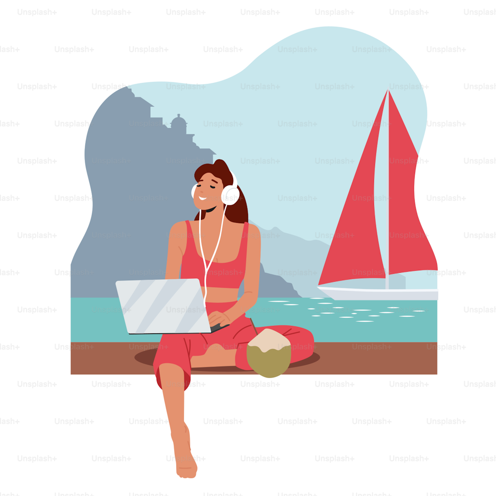 Junge Frau Freiberufler tragen Kopfhörer Arbeit am Laptop am Sea Beach sitzt auf der Bank. Weiblicher Charakter arbeitet im Freien mit dem PC im Summer Ocean Resort. Cartoon Menschen Vektor Illustration
