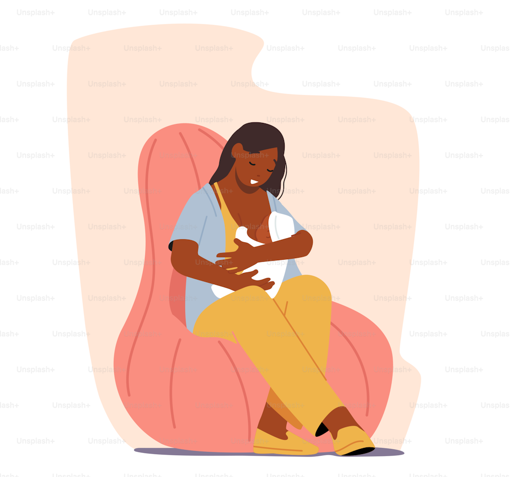 Breastfeeding, Healthy Natural Nutrition for Newborn Child Concept, Infant Health Care, Female Character Feeding Baby with Breast at Home Sitting on Beanbag Chair. Cartoon People Vector Illustration