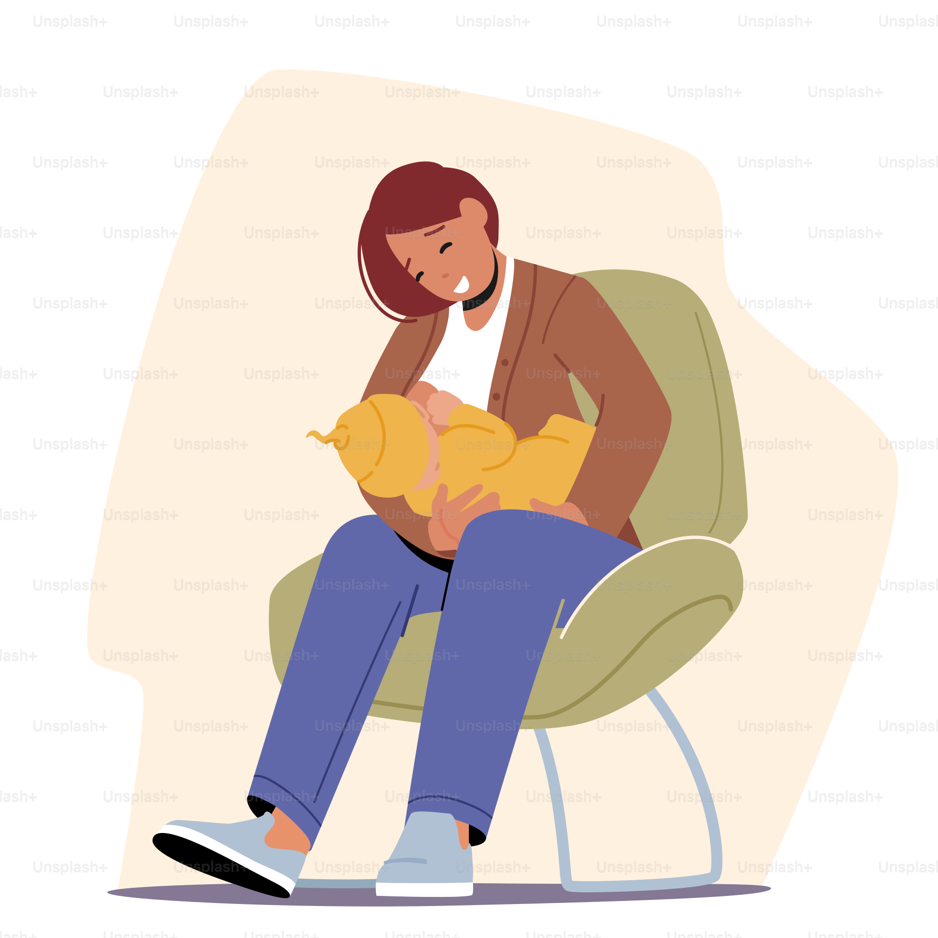 Allaitement, lactation, concept de maternité, jeune femme heureuse nourrissant bébé avec un sein assis sur une chaise, nutrition naturelle saine pour nouveau-né. Illustration vectorielle de personnages de dessins animés