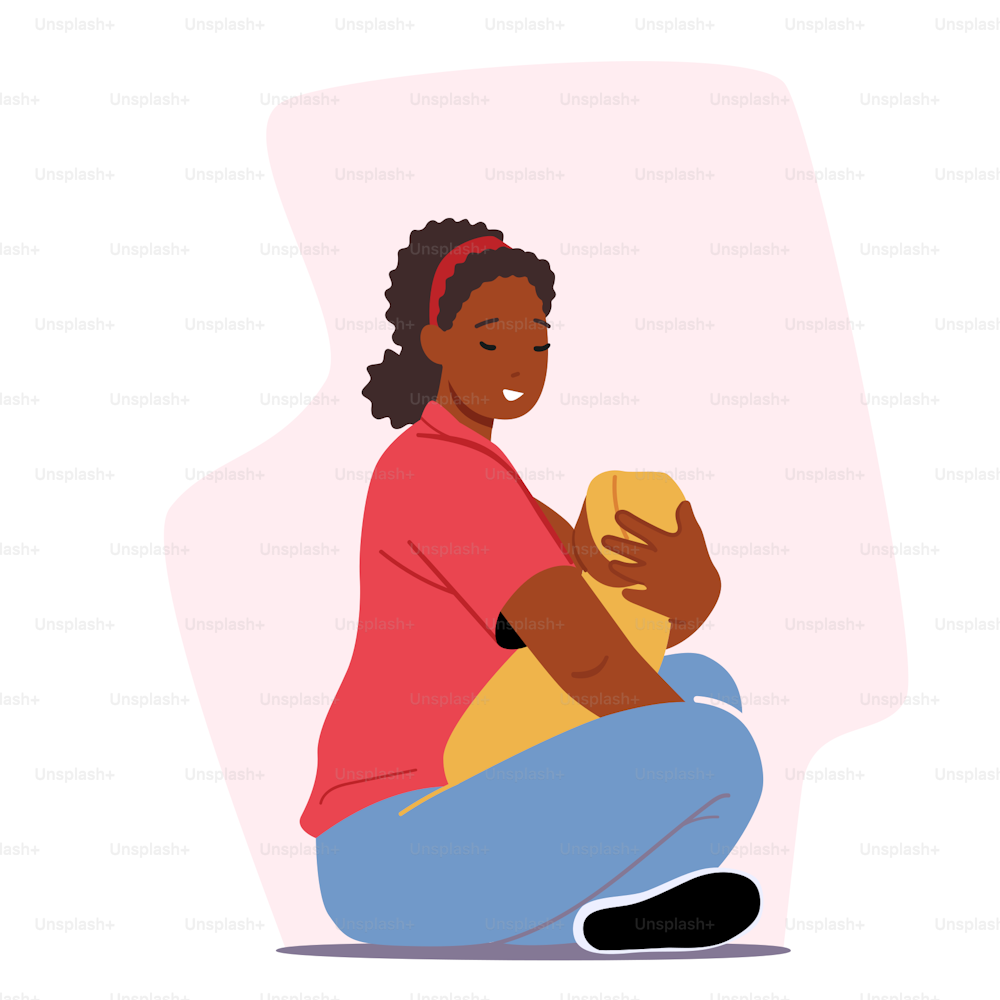 Breastfeeding Concept, African Female Character Feed Baby with Breast Sitting on Floor. Healthy Natural Nutrition for Newborn Child, Infant Care Maternity Lactation. Cartoon People Vector Illustration