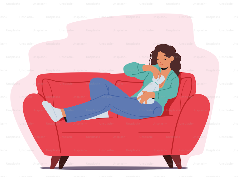 Breastfeeding Positions Concept, Female Character Feeding Baby with Breast Sitting on Couch with Newborn Child, Infant Health Care, Nutrition, Maternal Lactation. Cartoon People Vector Illustration