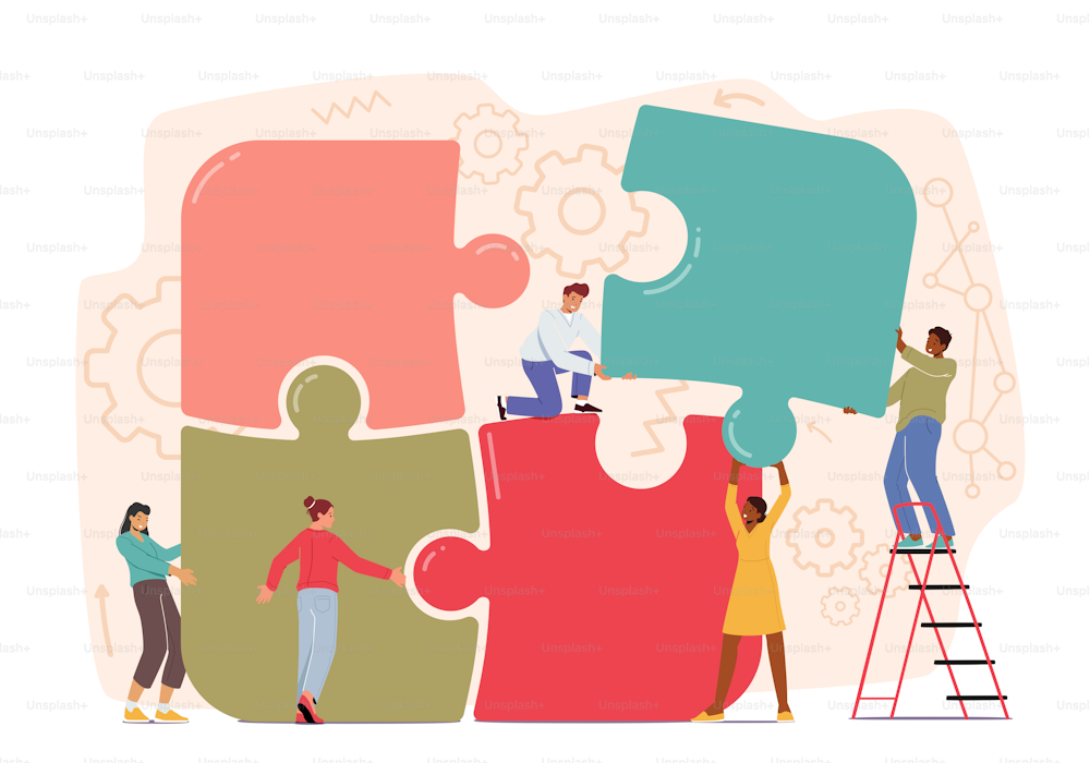 Businesspeople Teamwork, People Group Stand on Ladder Together Set Up Huge Colorful Separated Puzzle Pieces. Office Employees Cooperation, Collective Work, Partnership. Cartoon Vector Illustration