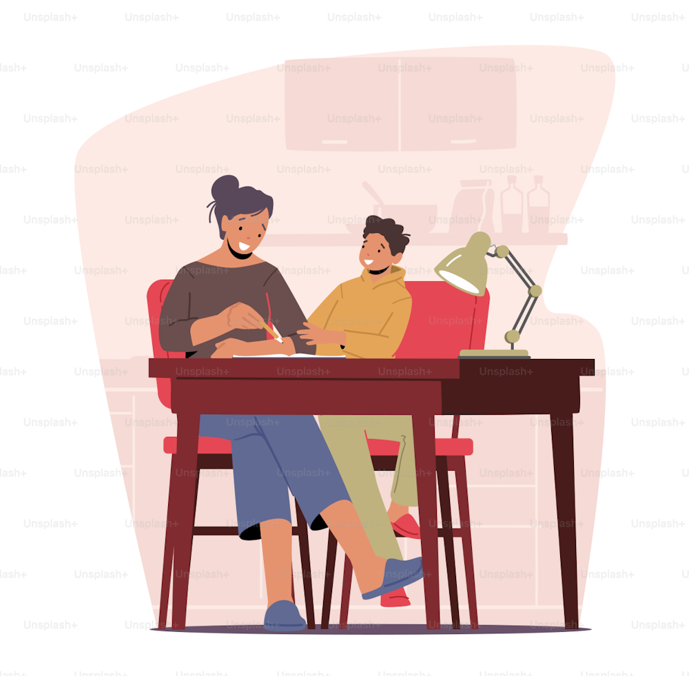 Mother and Little Kid Learn Homework at Home Together. Parent and Child Characters Sitting at Desk Studying and Learning Classes, Reading Book, Prepare Lessons. Cartoon People Vector Illustration
