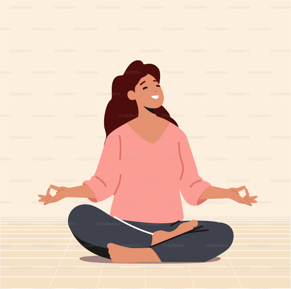 Harmony, Yoga Meditation in Hall Concept. Woman Meditating in Lotus Pose. Peaceful Female Character Enjoying Relaxation for Emotional Balance, Positive Life and Mood. Cartoon Vector Illustration