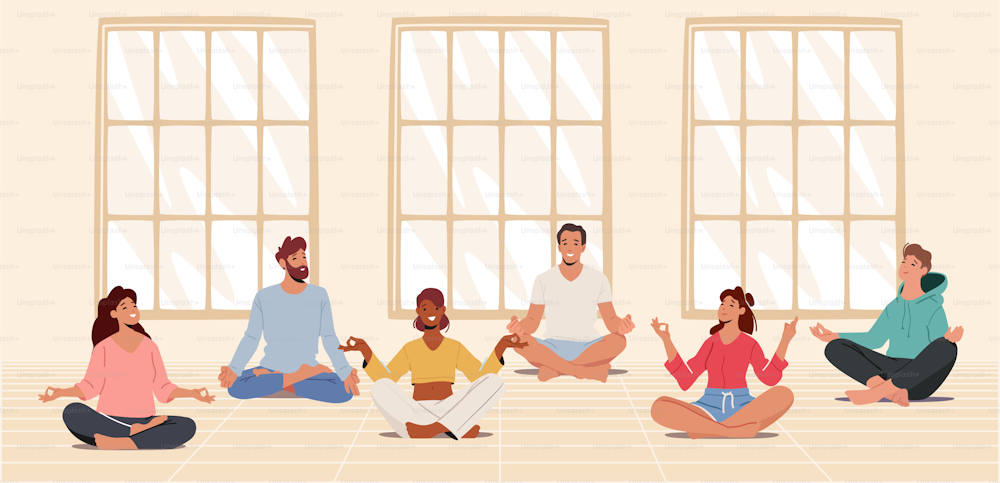 Yogi Men and Women Meditate in Large Hall, Sitting in Lotus Posture. Male and Female Characters in Yoga Class doing Sport Activities. Healthy Lifestyle, Mind Balance. Cartoon Vector Illustration