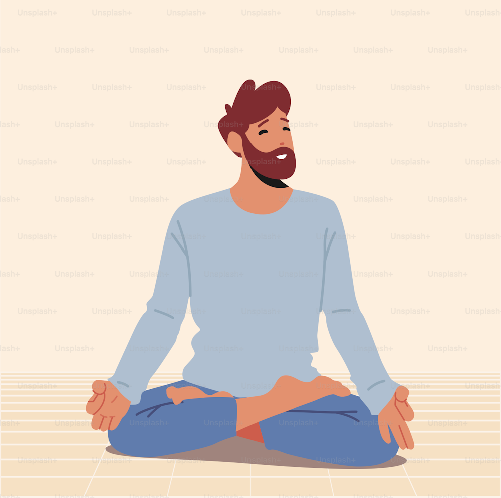 Man Practicing Yoga Meditation Sitting in Lotus Pose in Hall. Stress Reducing, Healthy Lifestyle, Relaxation Emotional Balance, Fitness, Harmony with Mind and Body. Cartoon Vector Illustration