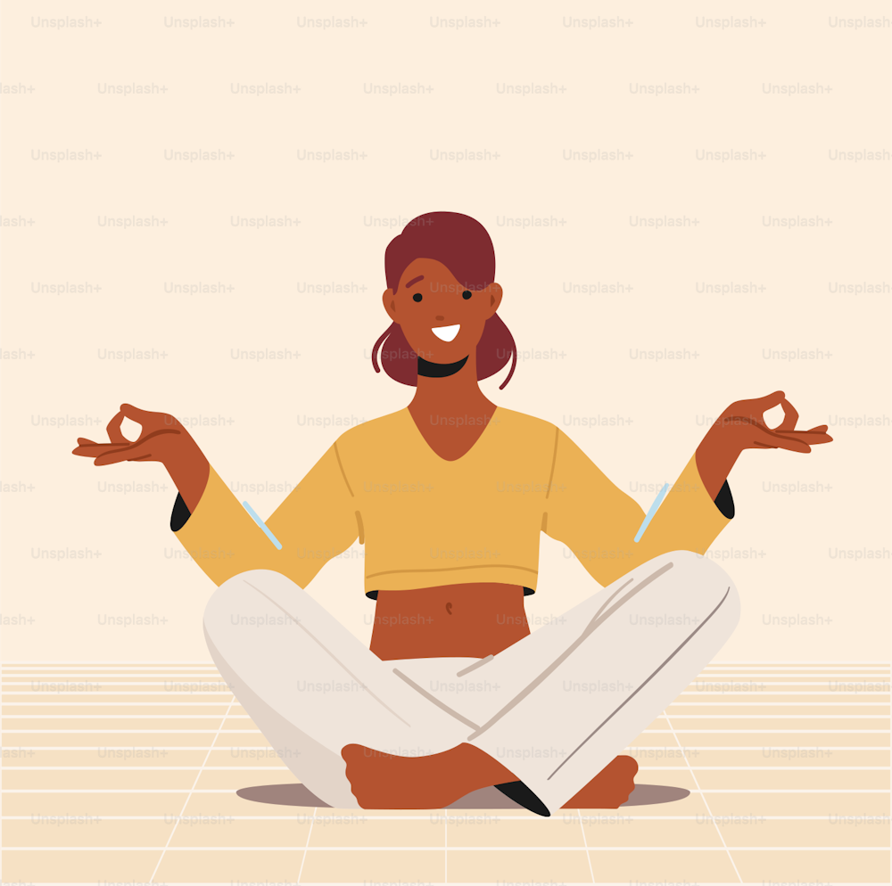 Empowerment, gesunder Lebensstil, Entspannung, Balance oder Harmoniekonzept. Ruhige Frau praktiziert Yoga-Meditation in der Halle. Lotus-Pose für weniger Stress und das Erreichen von Nirvana oder Zen. Cartoon-Vektor-Illustration