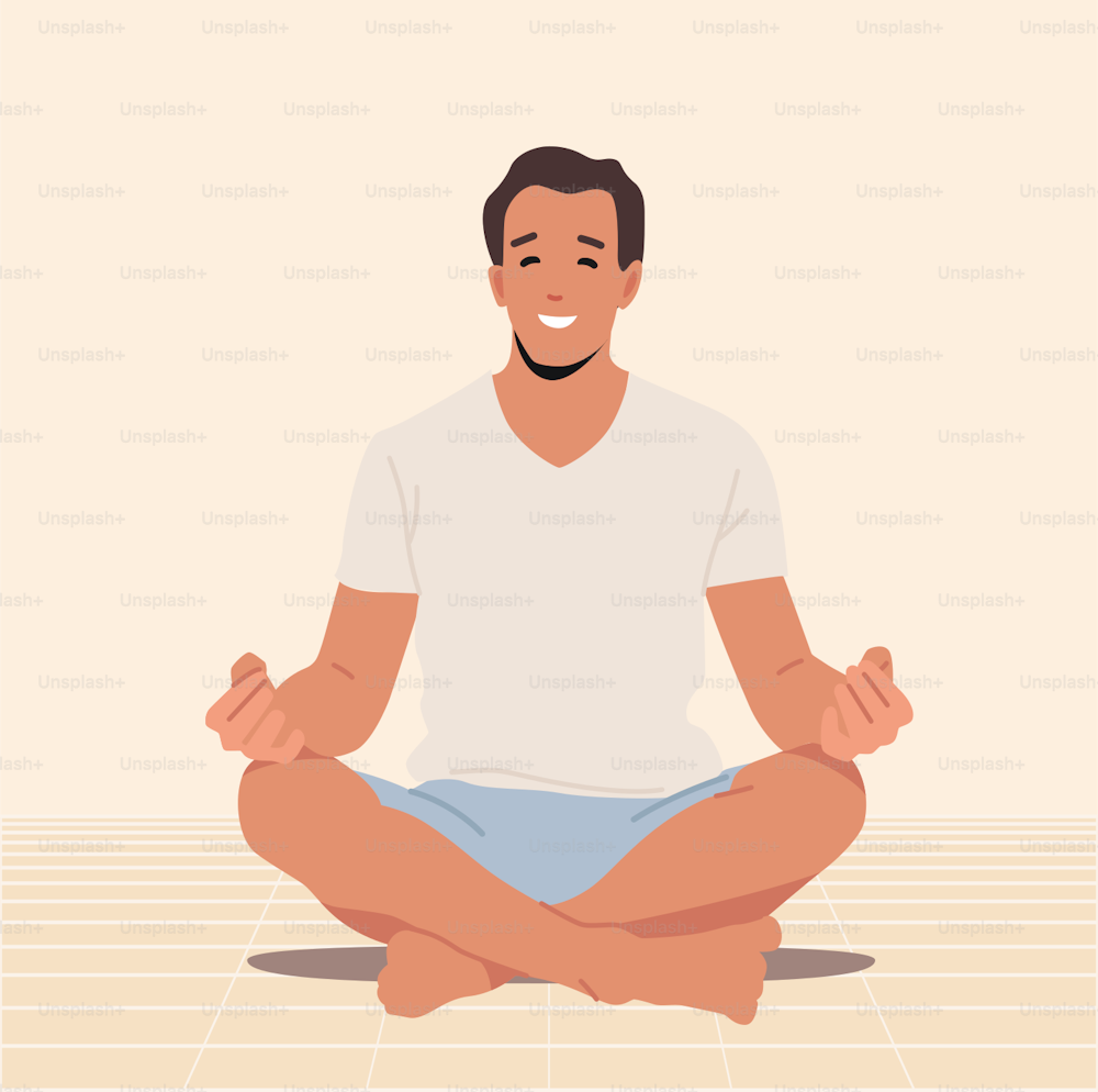 Hombre meditando en el interior haciendo asanas de yoga en el pasillo sentado en postura de loto. Concentración, vida saludable, relajación, equilibrio emocional, ocio, armonía zen, tiempo libre. Ilustración vectorial plana de dibujos animados