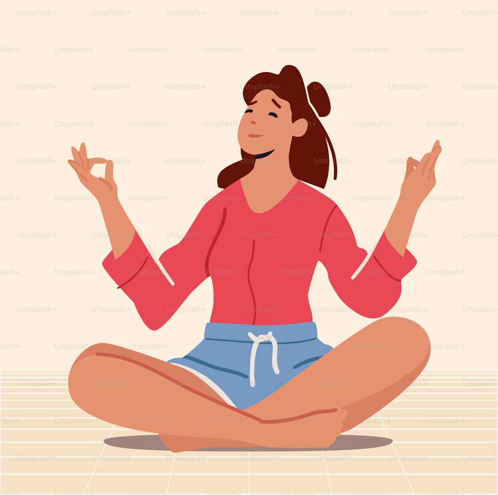 Mujer meditando sentada en postura de loto. Meditación relajada de yoga de carácter femenino en Hall, práctica Zen, relajación mental, equilibrio emocional y armonía con la mente. Ilustración vectorial de dibujos animados